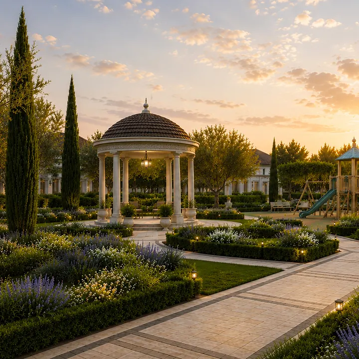 Address Maker Apollo Greek-themed gazebos and landscaped gardens