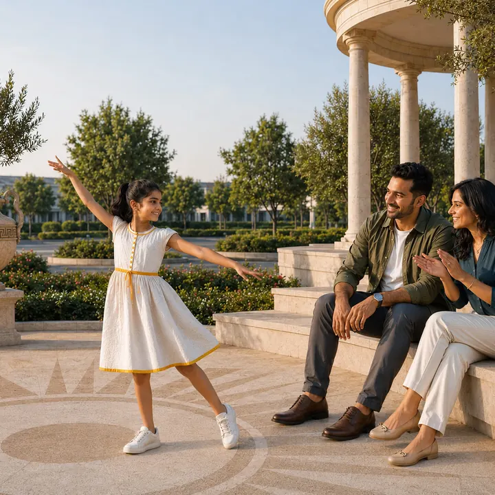 Address Maker Apollo colonnaded landscape plaza at the Greek-themed plotted community