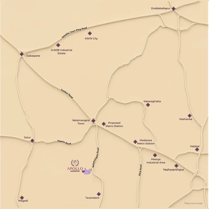 Address Maker Apollo location map showing Nelamangala Road, NH 48, Nelamangala Town and the metro stations